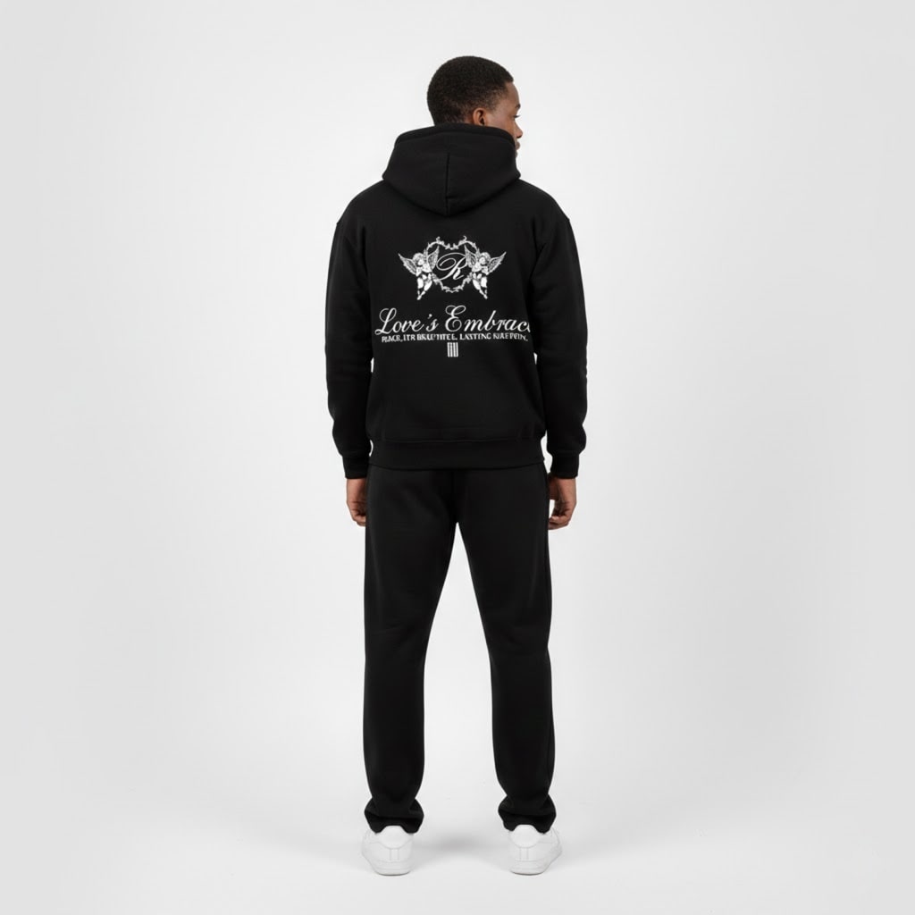 Back full body view of black Future Dreams zip hoodie by Rise One with back graphic

