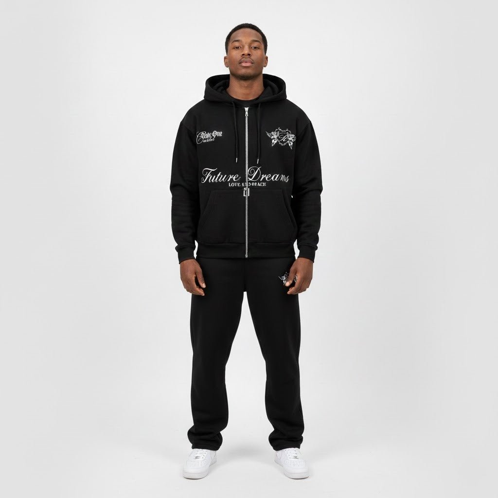 Front full body view of black Future Dreams zip hoodie by Rise One worn by model
