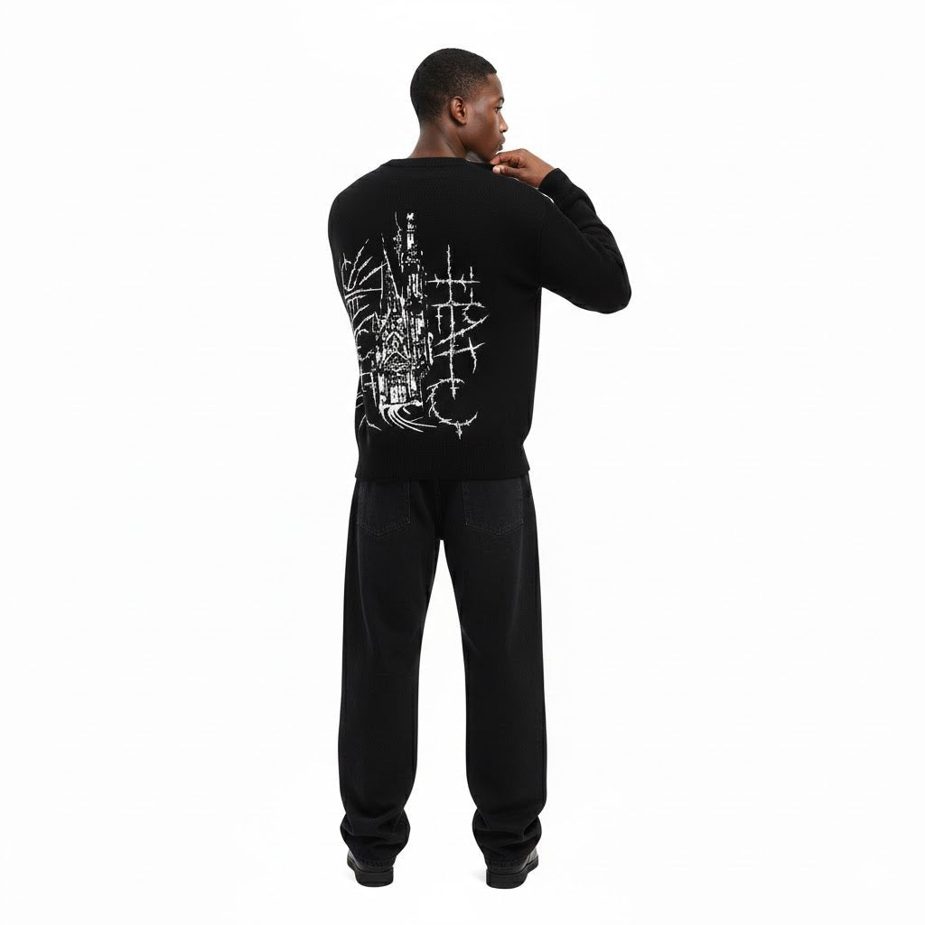 Angled back view of black graphic crewneck sweatshirt by Rise One
