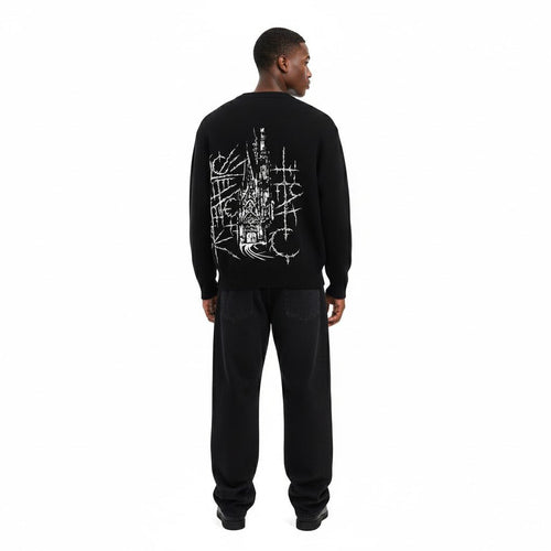 Back view of black streetwear crewneck sweatshirt by Rise One with graphic print
