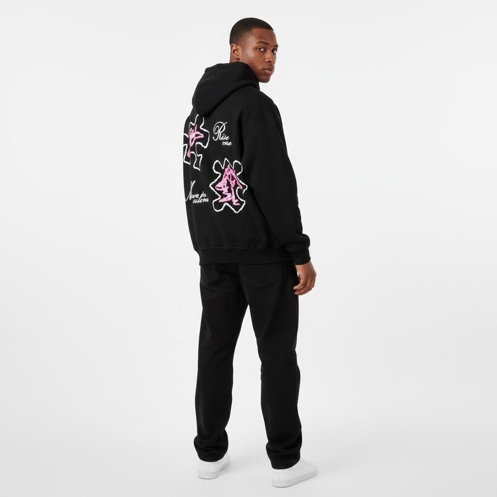 Back view of black zip hoodie by Rise One with graphic print on the back
