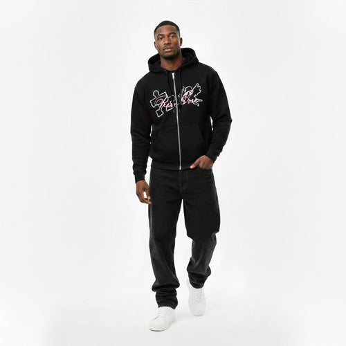 Front view of black zip hoodie by Rise One with chest graphic design
