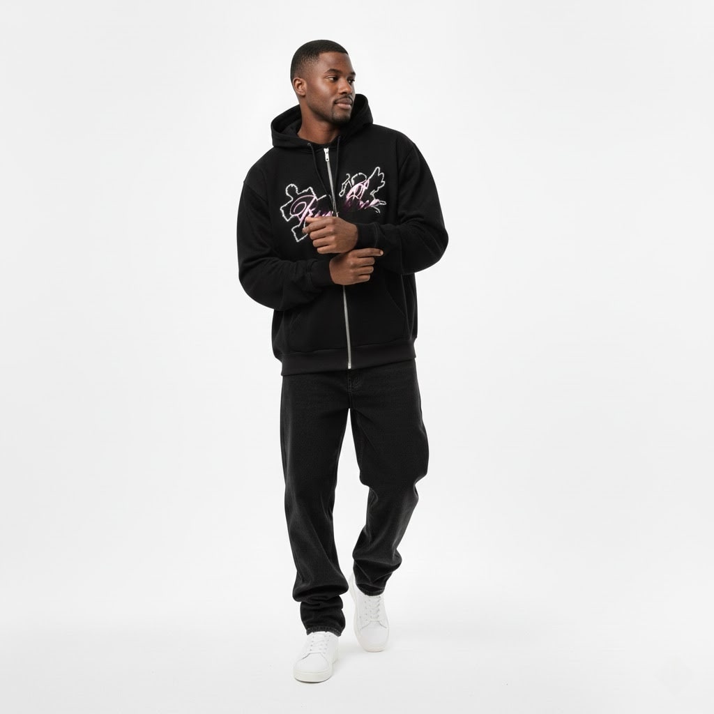 Front view of black zip hoodie by Rise One with graphic chest print
